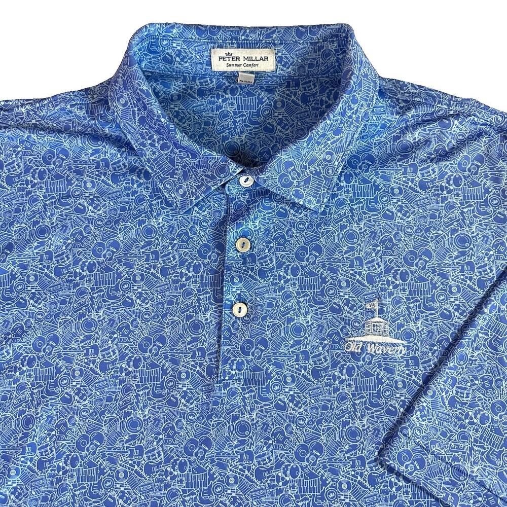 Peter Millar Old Waverly Golf Polo Shirt Mens XL Blue Guitar Instruments Print